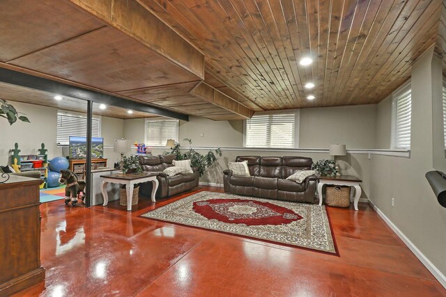 329 S Stone Ridge Dr, Lake Geneva, WI 53147 - living room featuring recessed lighting, concrete floors, and wooden ceiling