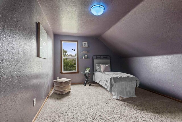 914 W 5th Ave, Oshkosh, WI 54902 - bedroom with a textured wall, carpet floors, a textured ceiling, and vaulted ceiling
