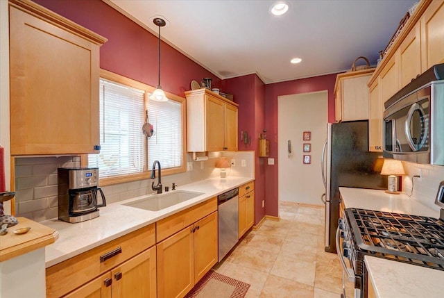 14 Wood Brook Way, Fitchburg, WI 53711 - kitchen with stainless steel appliances, tasteful backsplash, pendant lighting, light countertops, and recessed lighting