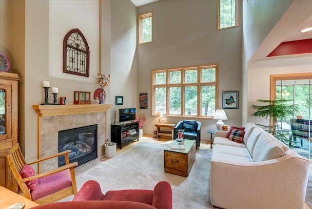 14 Wood Brook Way, Fitchburg, WI 53711 - carpeted living room featuring a towering ceiling, plenty of natural light, and a fireplace