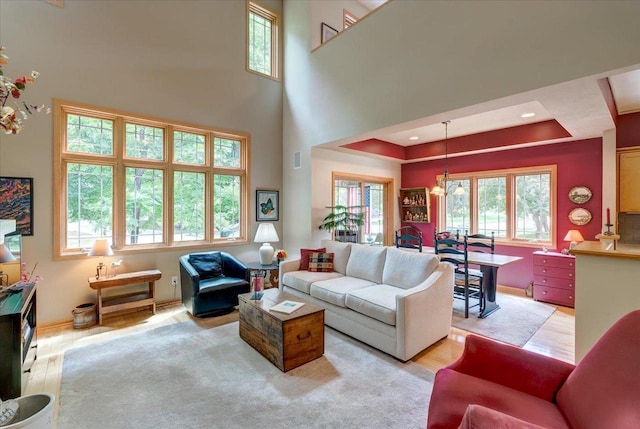 14 Wood Brook Way, Fitchburg, WI 53711 - living area featuring light wood-style floors, a towering ceiling, and a tray ceiling