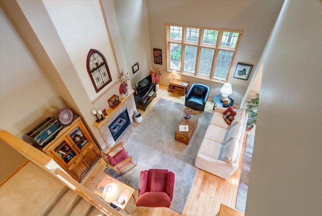 14 Wood Brook Way, Fitchburg, WI 53711 - living area featuring wood finished floors, a towering ceiling, and a glass covered fireplace