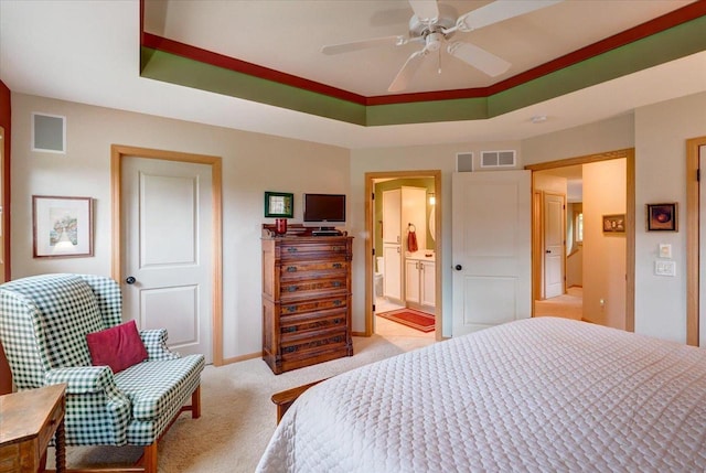 14 Wood Brook Way, Fitchburg, WI 53711 - bedroom featuring light colored carpet, ensuite bath, and ceiling fan