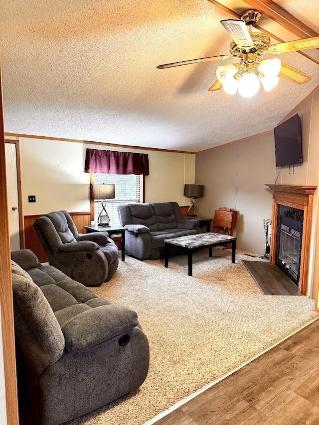 691 Valley Trl, Nekoosa, WI 54457 - living room with a glass covered fireplace, a textured ceiling, wood finished floors, ceiling fan, and a wainscoted wall