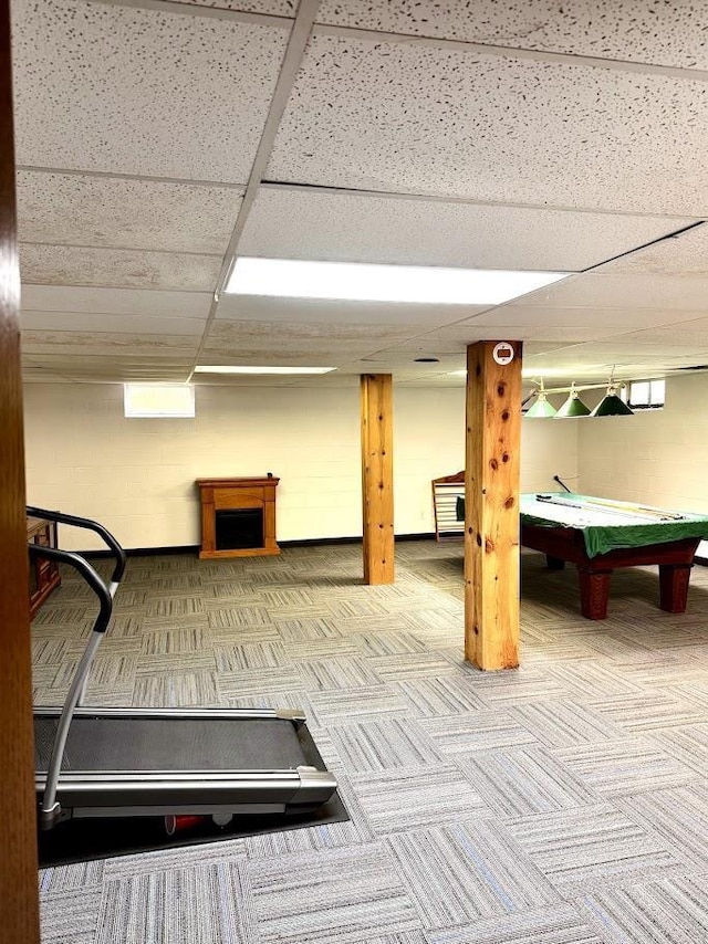 691 Valley Trl, Nekoosa, WI 54457 - exercise room featuring carpet floors, billiards table, a drop ceiling, and a fireplace