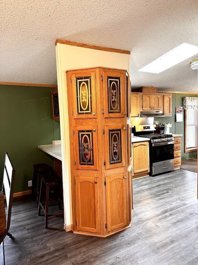 691 Valley Trl, Nekoosa, WI 54457 - kitchen featuring stainless steel range with gas cooktop, a textured ceiling, ornamental molding, a skylight, and wood finished floors
