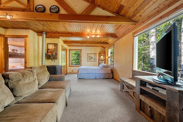N11134 Nelson Rd, Athelstane, WI 54104 - carpeted bedroom with a wood ceiling with exposed beams