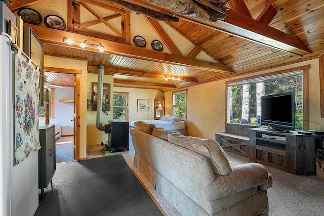 N11134 Nelson Rd, Athelstane, WI 54104 - living room with a wooden ceiling with exposed beams and carpet floors
