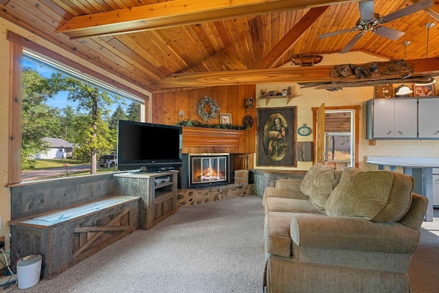 N11134 Nelson Rd, Athelstane, WI 54104 - living area with wood ceiling, carpet floors, a glass covered fireplace, ceiling fan, and wooden walls
