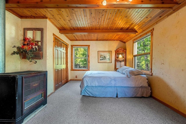 N11134 Nelson Rd, Athelstane, WI 54104 - bedroom featuring a wooden ceiling with exposed beams, a textured wall, and carpet floors