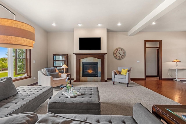 6600 N Kurey Dr, Appleton, WI 54913 - living area with wood finished floors, a tile fireplace, and recessed lighting