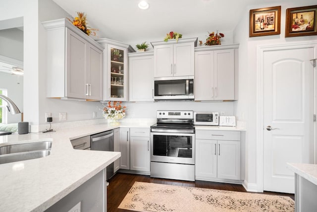 2701 Esker Dr, West Bend, WI 53095 - kitchen with appliances with stainless steel finishes, dark wood-type flooring, glass insert cabinets, and recessed lighting