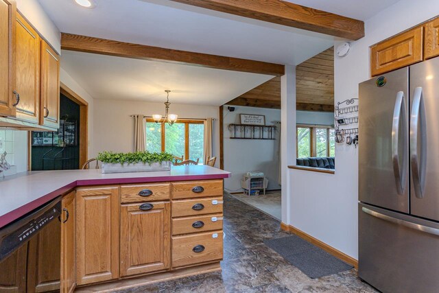 1340 Deer Brook Ct, Wausau, WI 54401 - kitchen featuring freestanding refrigerator, dishwashing machine, healthy amount of natural light, beam ceiling, and a peninsula
