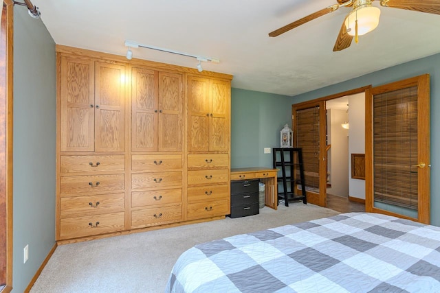 1340 Deer Brook Ct, Wausau, WI 54401 - bedroom with rail lighting, light carpet, and a ceiling fan