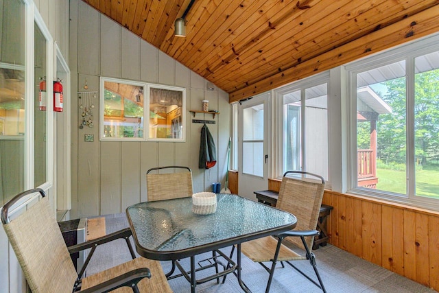 1340 Deer Brook Ct, Wausau, WI 54401 - sunroom with vaulted ceiling, healthy amount of natural light, wooden walls, wood ceiling, and carpet