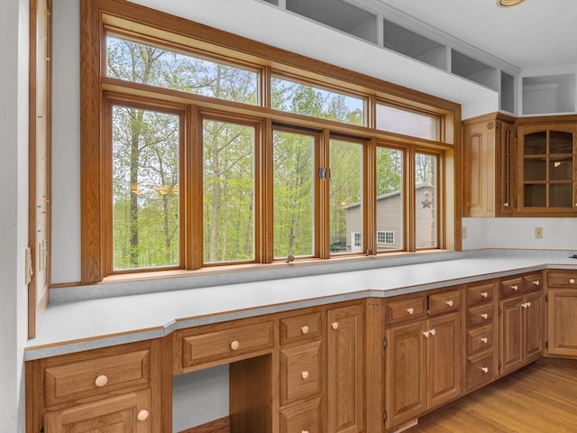 4228 County Hwy W, Valders, WI 54245 - kitchen with light countertops, glass insert cabinets, light wood-style floors, brown cabinetry, and ornamental molding