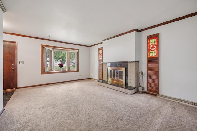 3838 N 78th St, Milwaukee, WI 53222 - unfurnished living room featuring carpet floors, a fireplace, ornamental molding, and a baseboard heating unit
