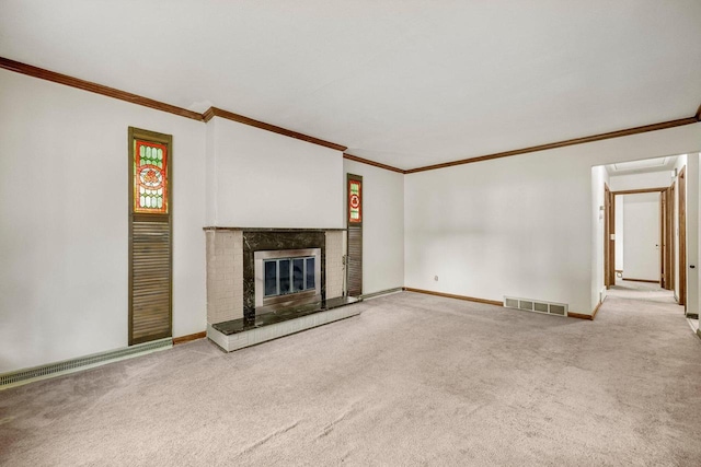 3838 N 78th St, Milwaukee, WI 53222 - unfurnished living room featuring carpet, crown molding, and a fireplace