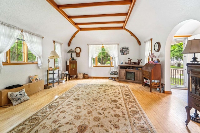 600 Forest Ave, Fond Du Lac, WI 54935 - living area featuring plenty of natural light, hardwood / wood-style floors, arched walkways, and lofted ceiling