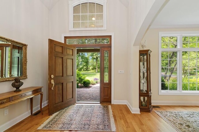 N1760 W Valley Park Rd, Lake Geneva, WI 53147 - entryway with light wood-type flooring, a towering ceiling, and arched walkways