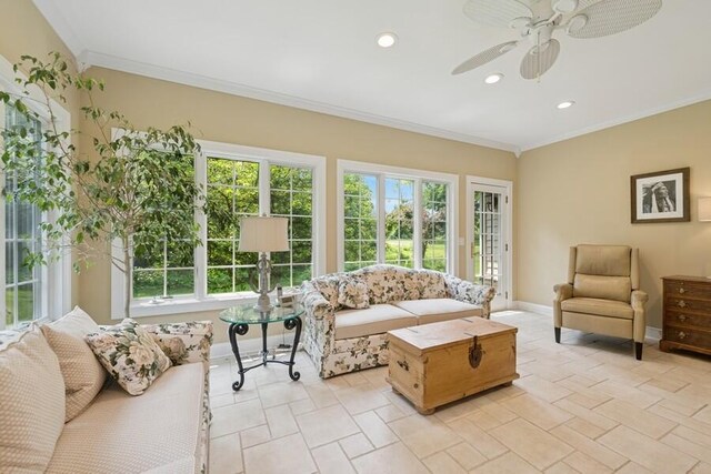 N1760 W Valley Park Rd, Lake Geneva, WI 53147 - living room with a ceiling fan, crown molding, and recessed lighting