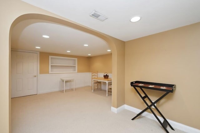 N1760 W Valley Park Rd, Lake Geneva, WI 53147 - home office with arched walkways, carpet floors, built in shelves, and recessed lighting