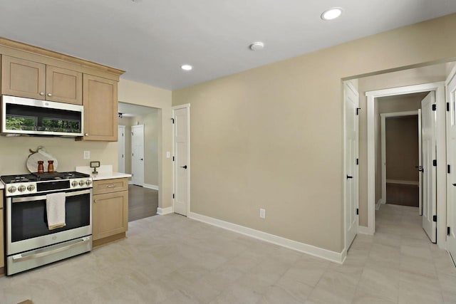 2336 128th St, Pleasant Prairie, WI 53158 - kitchen featuring stainless steel appliances, light countertops, light brown cabinets, and recessed lighting