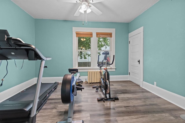 628 Broad St, Menasha, WI 54952 - exercise room with radiator heating unit, ceiling fan, and wood finished floors