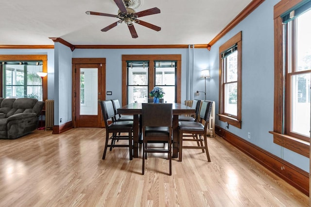 628 Broad St, Menasha, WI 54952 - dining area with plenty of natural light, light wood-type flooring, ornamental molding, and ceiling fan