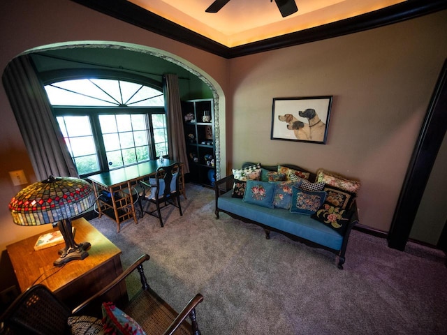 2544 N 91st St, Wauwatosa, WI 53226 - carpeted living area with arched walkways, a ceiling fan, and a raised ceiling