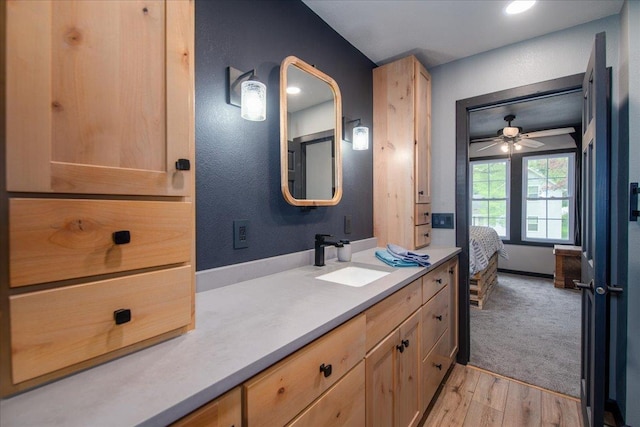 158 S State St, Berlin, WI 54923 - bathroom with vanity, wood finished floors, connected bathroom, and a ceiling fan