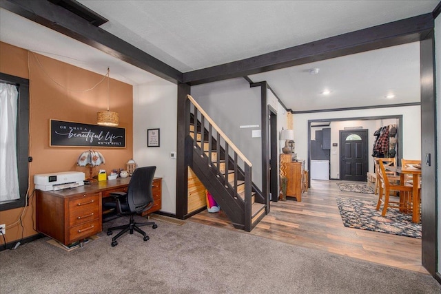 158 S State St, Berlin, WI 54923 - carpeted home office with recessed lighting, wood finished floors, and beamed ceiling