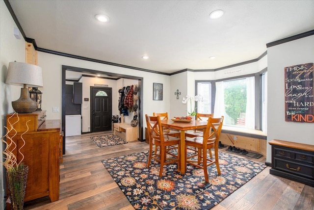 158 S State St, Berlin, WI 54923 - dining area featuring ornamental molding, wood finished floors, and recessed lighting