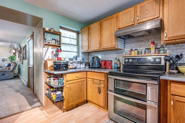 1207 S Main St, Necedah, WI 54646 - kitchen featuring range with two ovens, under cabinet range hood, open shelves, and tasteful backsplash