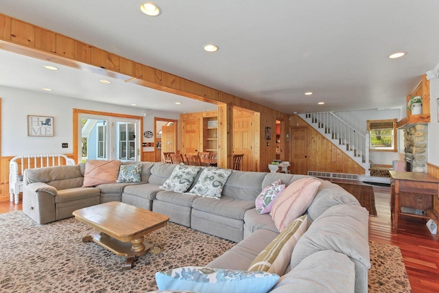 W5374 Westshore Dr, Elkhorn, WI 53121 - living area featuring wooden walls, stairs, wood finished floors, healthy amount of natural light, and recessed lighting