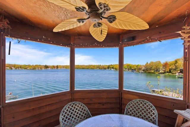 W5374 Westshore Dr, Elkhorn, WI 53121 - sunroom featuring a water view and wooden ceiling