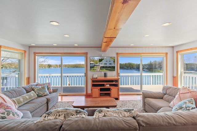 W5374 Westshore Dr, Elkhorn, WI 53121 - living room with wood finished floors, plenty of natural light, recessed lighting, and beamed ceiling