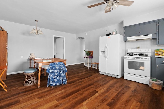 1-3 Mechanic St, Edgerton, WI 53534 - kitchen with white appliances, under cabinet range hood, ceiling fan, and dark wood-type flooring