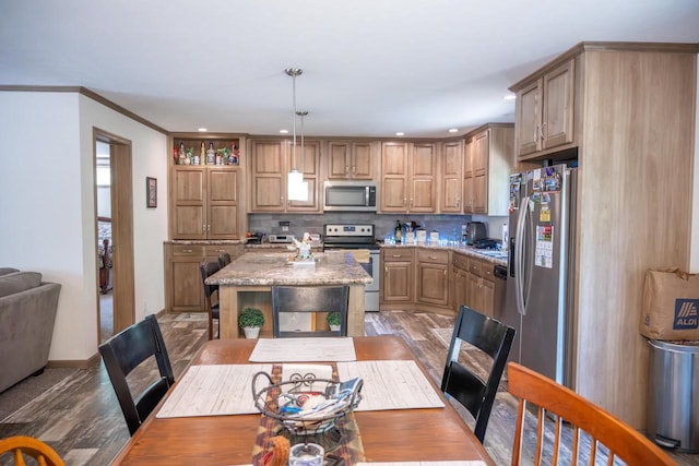 W5671 8th St, Necedah, WI 54646 - kitchen featuring stainless steel appliances, open shelves, light wood-style flooring, recessed lighting, and ornamental molding