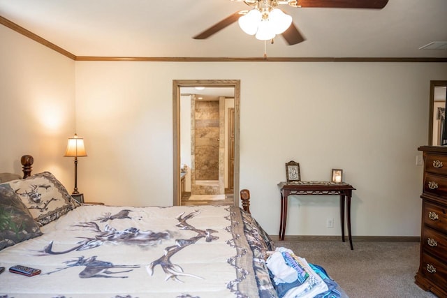 W5671 8th St, Necedah, WI 54646 - carpeted bedroom with crown molding, ensuite bathroom, and ceiling fan