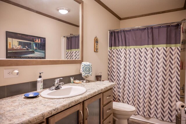 W5671 8th St, Necedah, WI 54646 - full bathroom with crown molding, vanity, and curtained shower