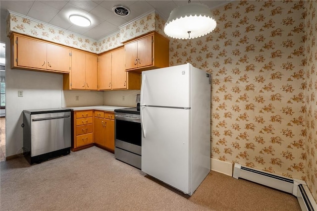 225 W Elm St, Chippewa Falls, WI 54729 - kitchen with appliances with stainless steel finishes, wallpapered walls, a baseboard radiator, and light colored carpet