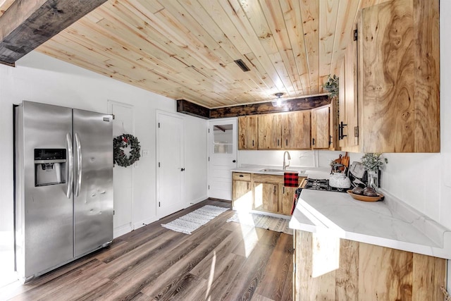 W9173 W 10th Rd, Pound, WI 54161 - kitchen featuring stainless steel refrigerator with ice dispenser, wooden ceiling, dark wood-type flooring, and brown cabinetry