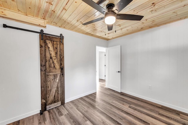 W9173 W 10th Rd, Pound, WI 54161 - unfurnished room with ceiling fan, a barn door, wood ceiling, and wood finished floors