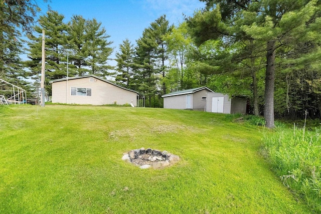W9173 W 10th Rd, Pound, WI 54161 - view of green lawn featuring a fire pit and an outbuilding