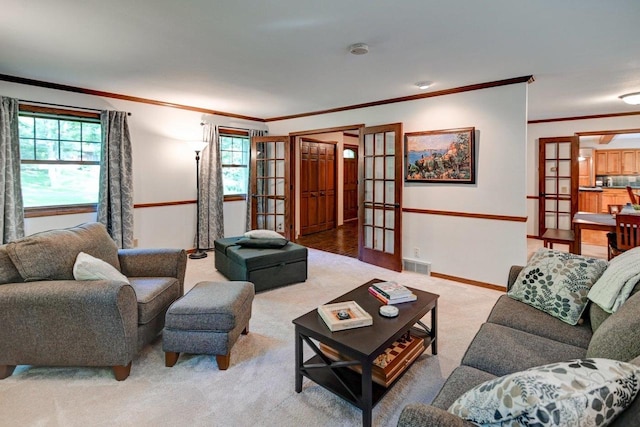 3590 Sabaka Trl, Verona, WI 53593 - living room with french doors, ornamental molding, and light carpet
