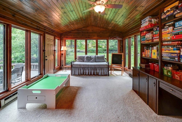 3590 Sabaka Trl, Verona, WI 53593 - recreation room featuring vaulted ceiling, ceiling fan, carpet, and wood ceiling