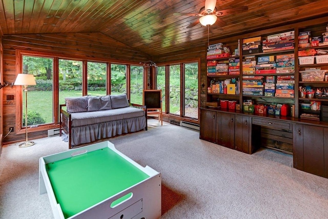 3590 Sabaka Trl, Verona, WI 53593 - recreation room with carpet, healthy amount of natural light, lofted ceiling, wooden ceiling, and a ceiling fan