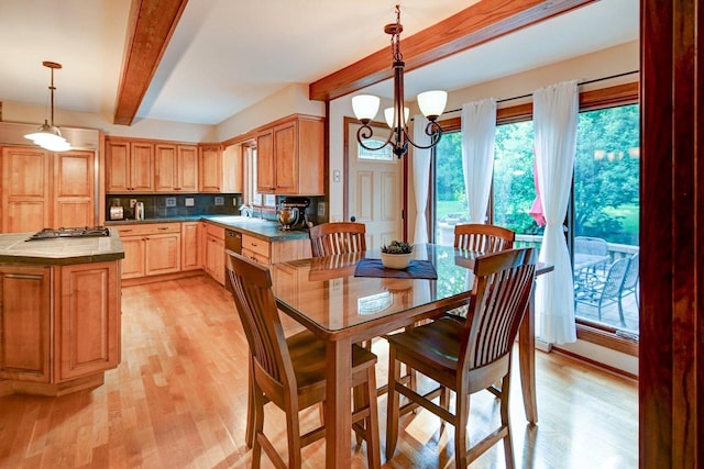 3590 Sabaka Trl, Verona, WI 53593 - dining room featuring beam ceiling, light wood-style floors, and a chandelier