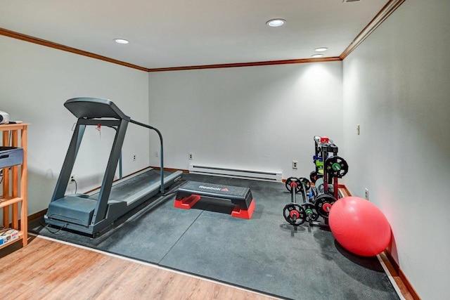 3590 Sabaka Trl, Verona, WI 53593 - exercise room with ornamental molding, a baseboard radiator, recessed lighting, and wood finished floors